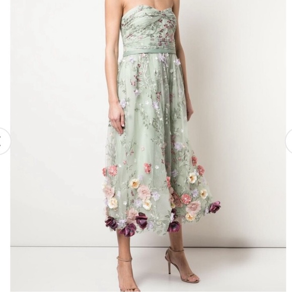 Marchesa Notte 3-D Floral Appliqué Strapless Midi Dress Rare🌸 - Picture 9 of 10